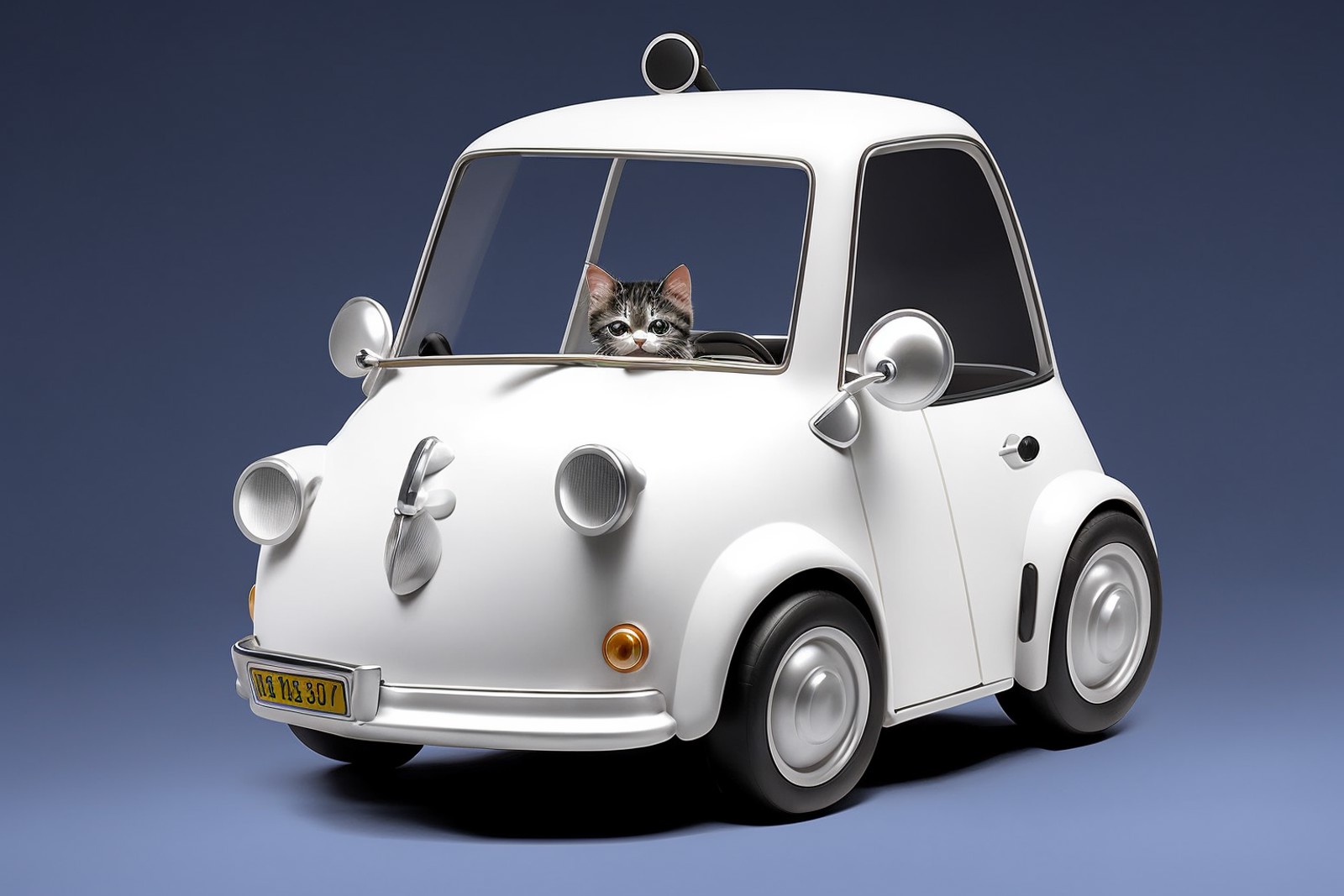 A kitten driving a cute little car on the road, white background,  <lora:cute car:1>